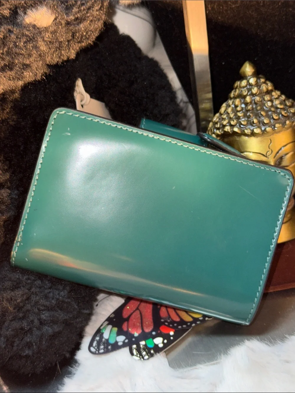 COACH Teal Corner Zip Compact  Leather Snap Wallet